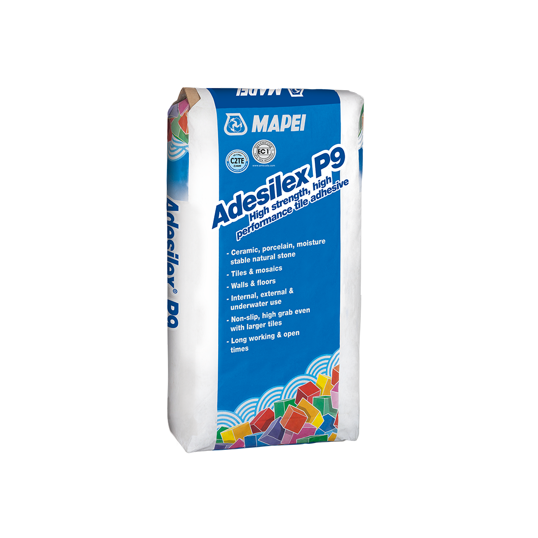 A bag of Mapei Adesilex P9 high-performance tile adhesive with product details.