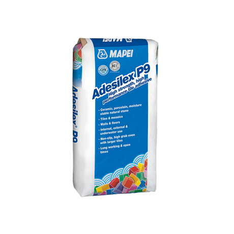 A bag of Mapei Adesilex P9 high-performance tile adhesive with product details.