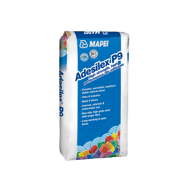 A bag of Mapei Adesilex P9 high-performance tile adhesive with product details.