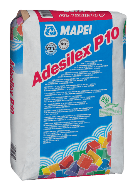 A bag of MAPEI Adesilex P10 tile adhesive with multilingual descriptions.