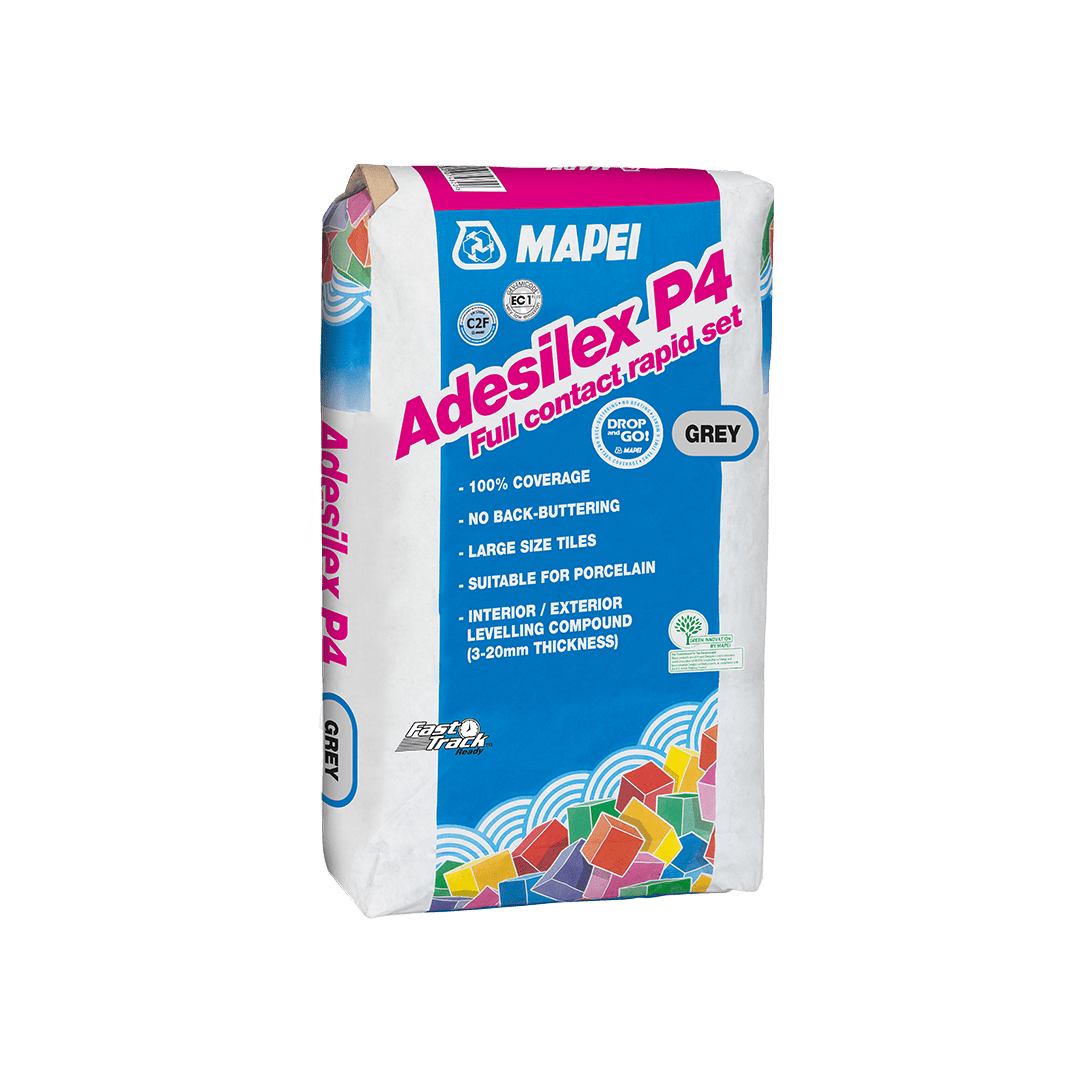 Bag of Mapei Adesilex P4 tile adhesive with product information and colorful geometric design.