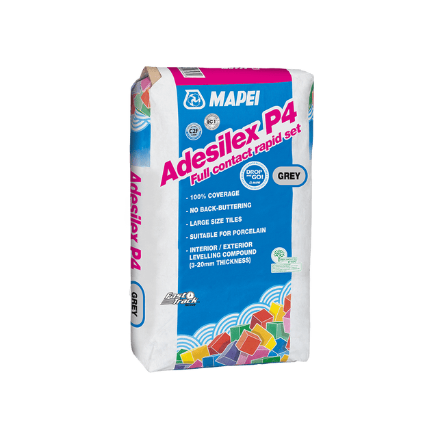 Bag of Mapei Adesilex P4 tile adhesive with product information and colorful geometric design.