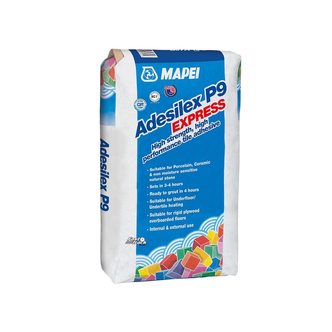 Bag of Mapei Adesilex P9 EXPRESS tile adhesive for internal and external use.