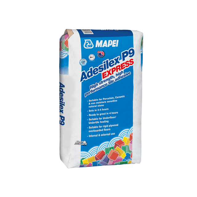 Bag of Mapei Adesilex P9 EXPRESS tile adhesive for internal and external use.