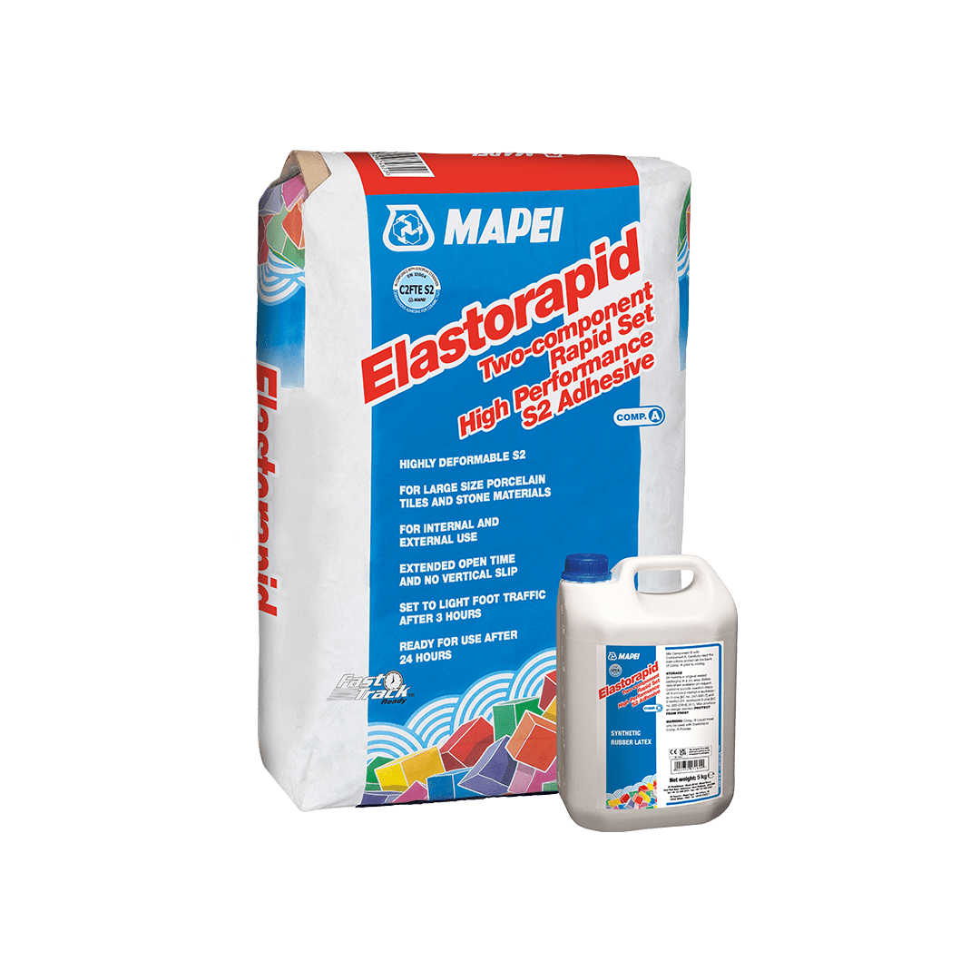 A bag of Mapei Elastorapid adhesive with a description and a bottle.