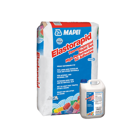 A bag of Mapei Elastorapid adhesive with a description and a bottle.