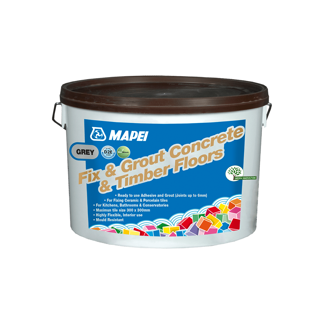 A bucket of MAPEI Fix & Grout for concrete and timber floors with product details on the label.