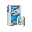 Bag and bottle of Mapei Granirapid tile adhesive on a white background.