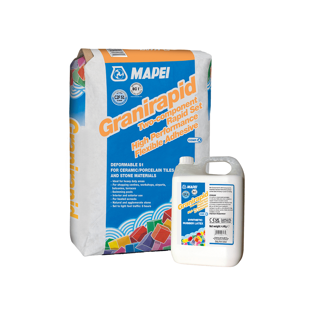 Bag and bottle of Mapei Granirapid tile adhesive on a white background.