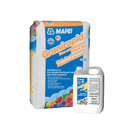 Bag and bottle of Mapei Granirapid tile adhesive on a white background.