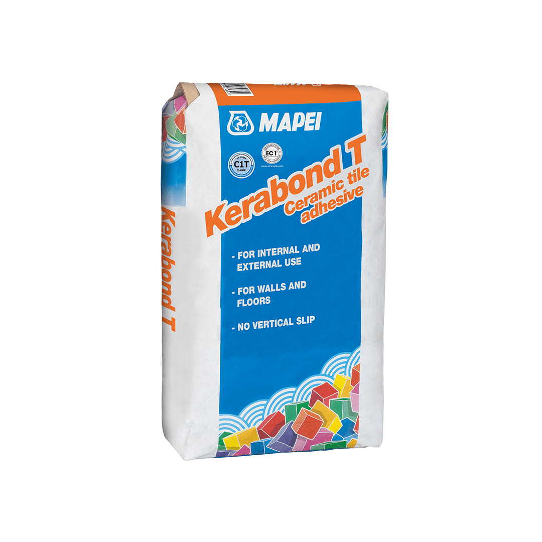 A bag of Kerabond T ceramic tile adhesive by MAPEI for walls and floors.