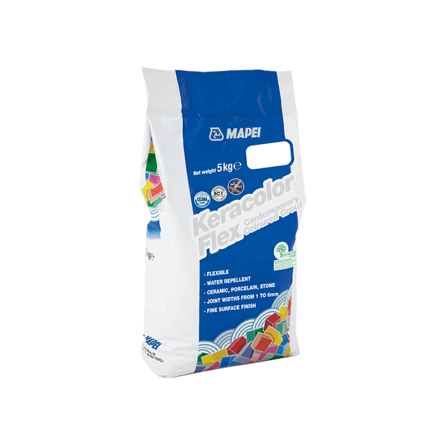 A 5kg bag of Mapei Keracolor Flex grout with product details on the packaging.
