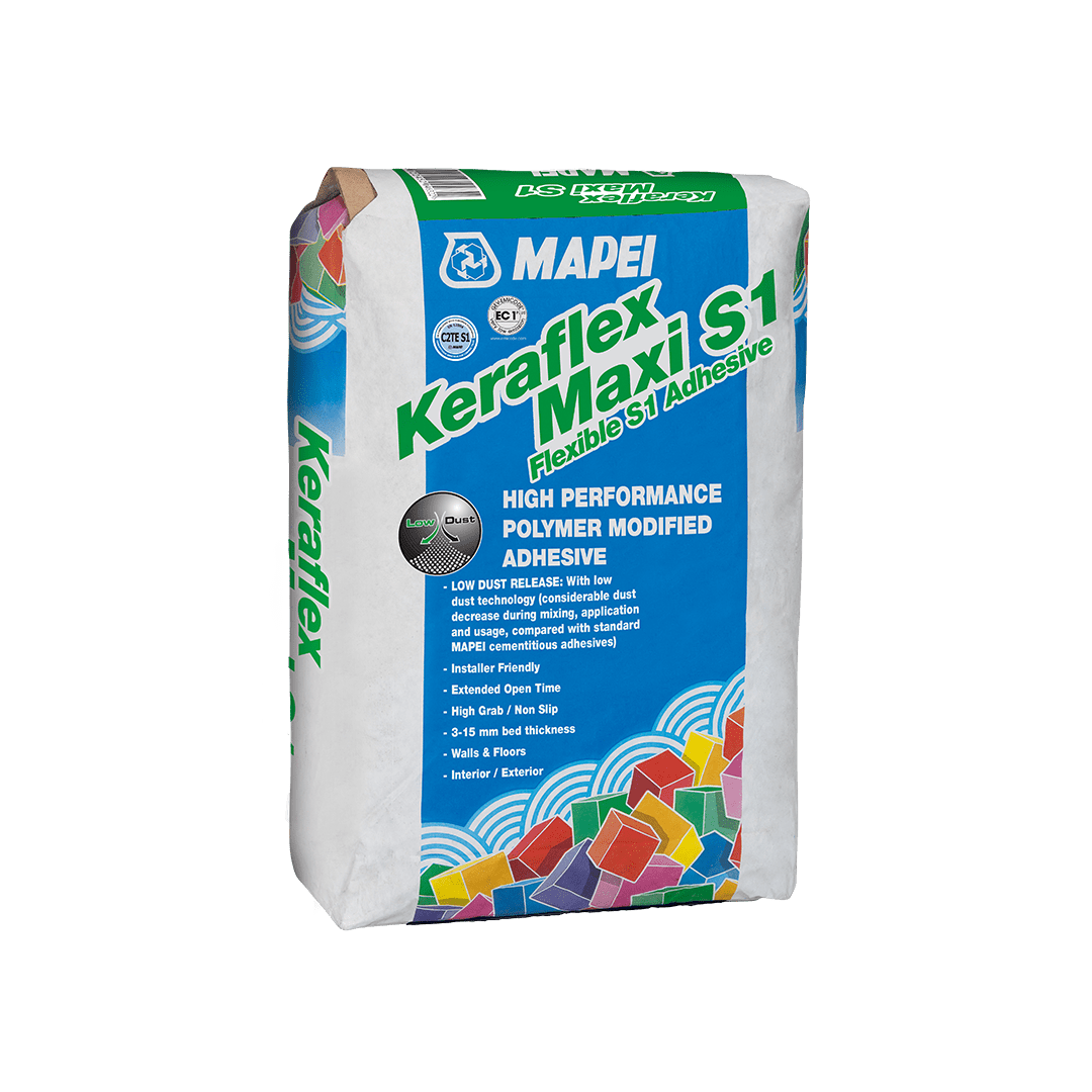 Bag of Mapei Keraflex Maxi S1 high-performance polymer-modified tile adhesive.