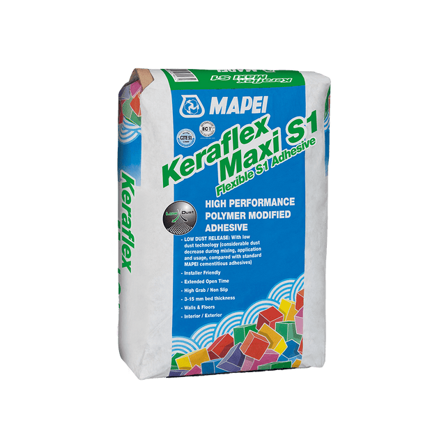 Bag of Mapei Keraflex Maxi S1 high-performance polymer-modified tile adhesive.