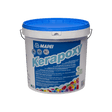 A plastic bucket of MAPEI Kerapoxy grout with a blue lid on a white background.