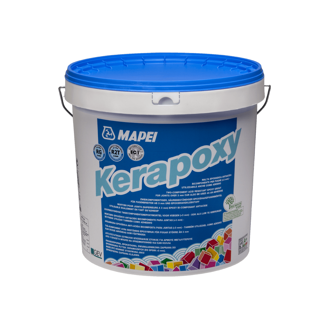 A plastic bucket of MAPEI Kerapoxy grout with a blue lid on a white background.