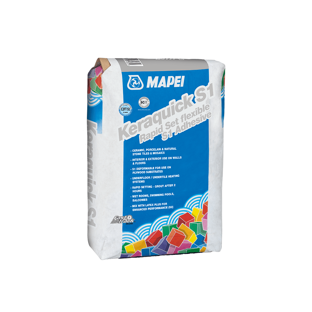 A bag of Mapei Keracquick S1 rapid set flexible tile adhesive against a dark background.