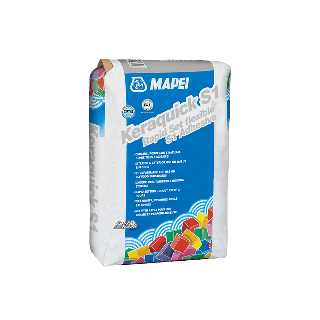 A bag of Mapei Keracquick S1 rapid set flexible tile adhesive against a dark background.