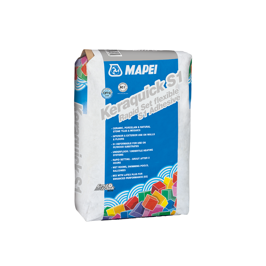 A bag of Mapei Keraquick S1 rapid set flexible tile adhesive with product details.