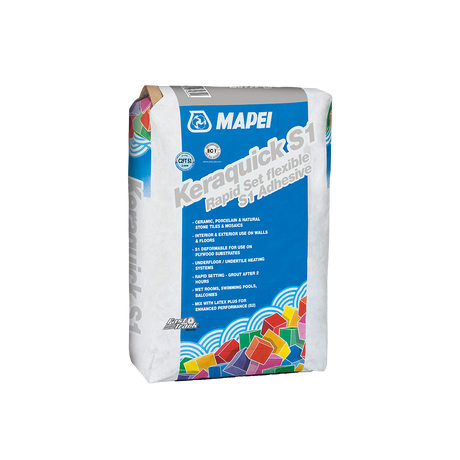 A bag of Mapei Keraquick S1 rapid set flexible tile adhesive with product details.