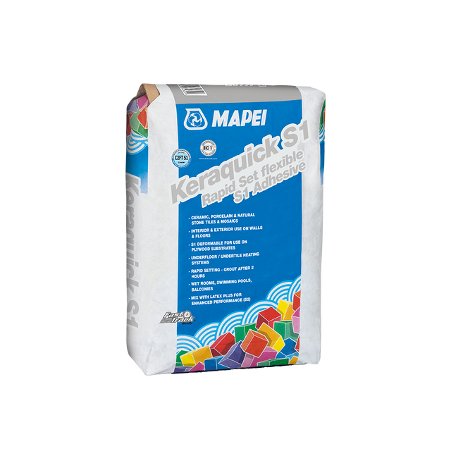 A bag of Mapei Keraquick S1 rapid set flexible tile adhesive with product details.