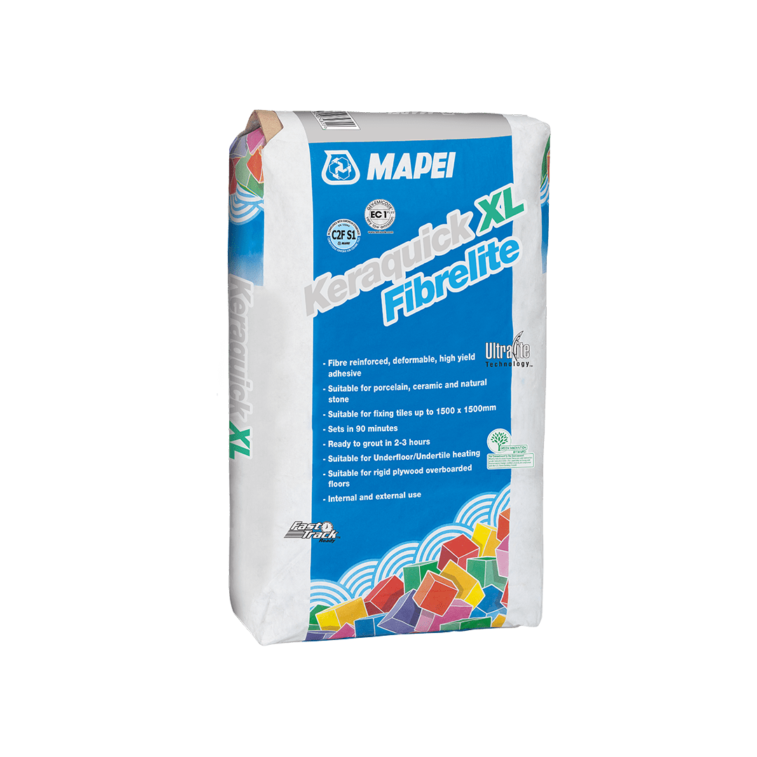 Bag of Mapei Keraquick XL Fibrelite tile adhesive with product details on label.