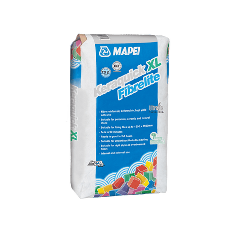 Bag of Mapei Keraquick XL Fibrelite tile adhesive with product details on label.