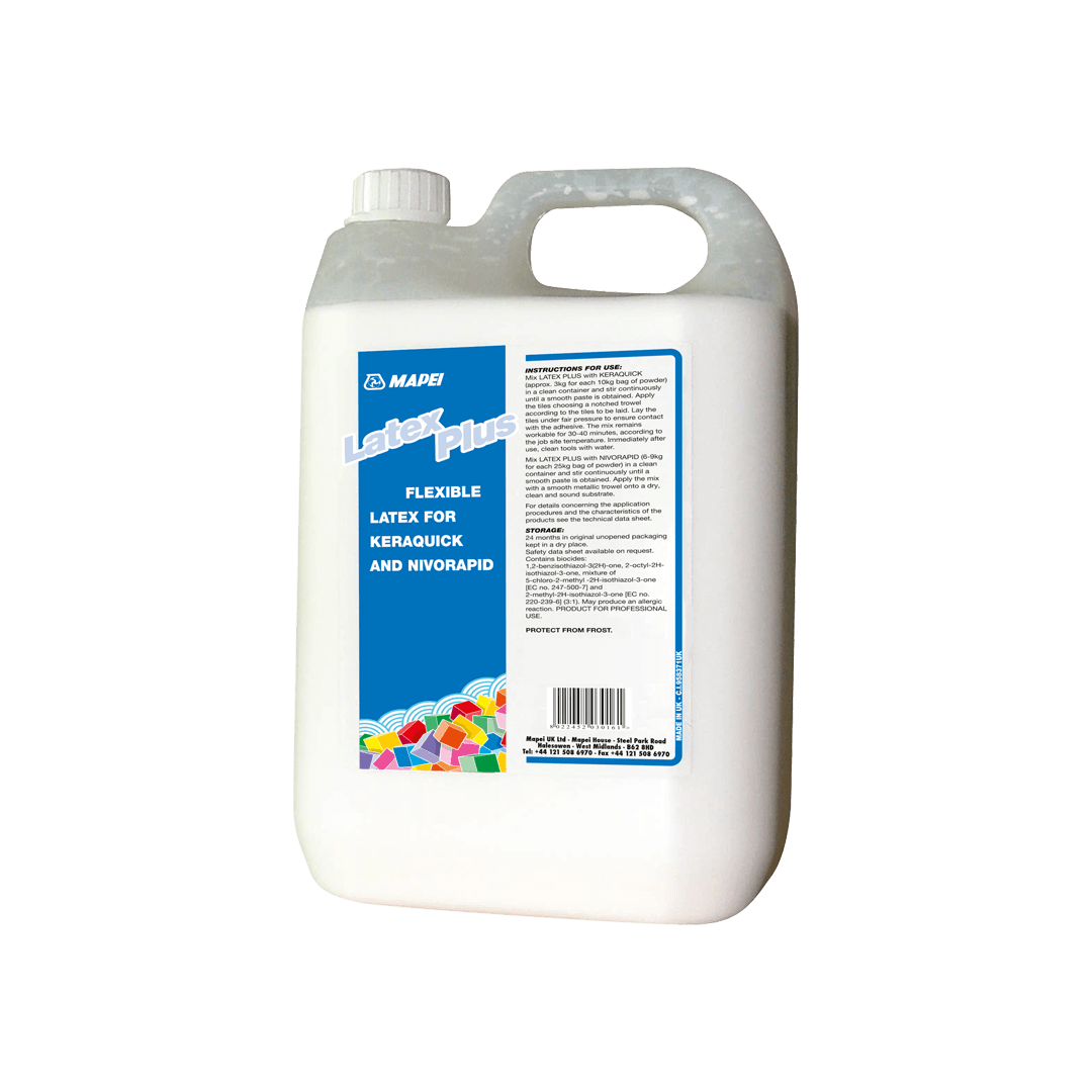 Plastic container of MAPEI Latex Plus additive isolated on a white background.