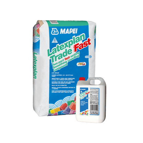 Mapei Latexplan Trade Fast smoothing and levelling compound bag and liquid bottle.