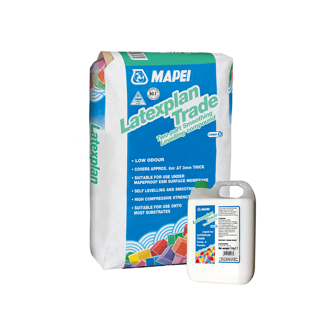 Bag and bottle of Mapei Latexplan Trade, a two-part smoothing and leveling compound.