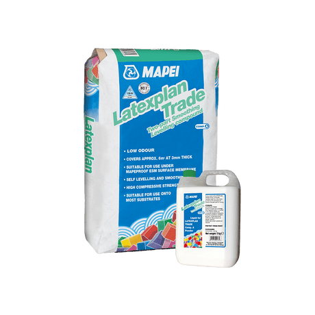 Bag and bottle of Mapei Latexplan Trade, a two-part smoothing and leveling compound.