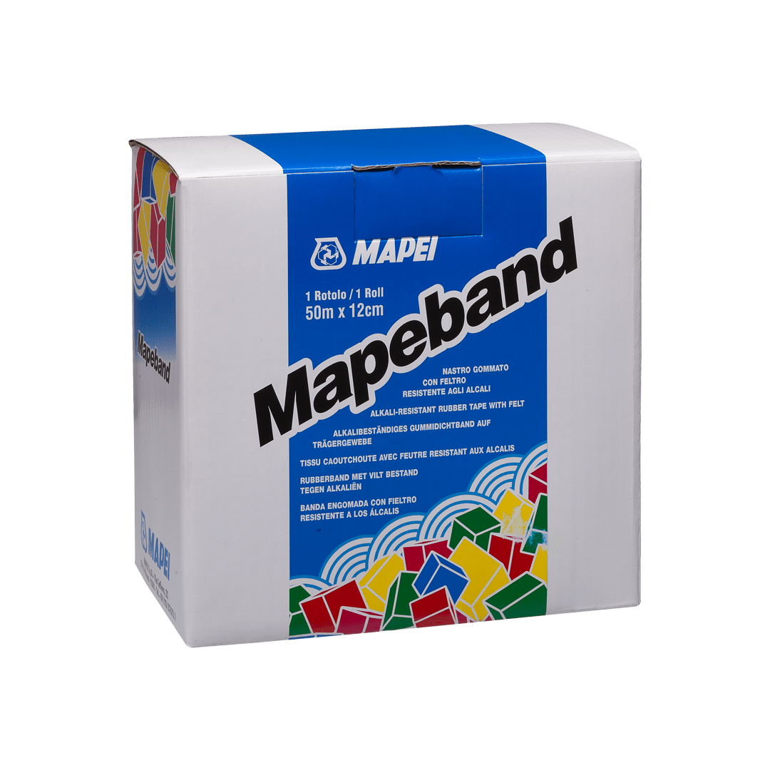 A box of Mapelband, alkali-resistant rubber tape, labeled in multiple languages.