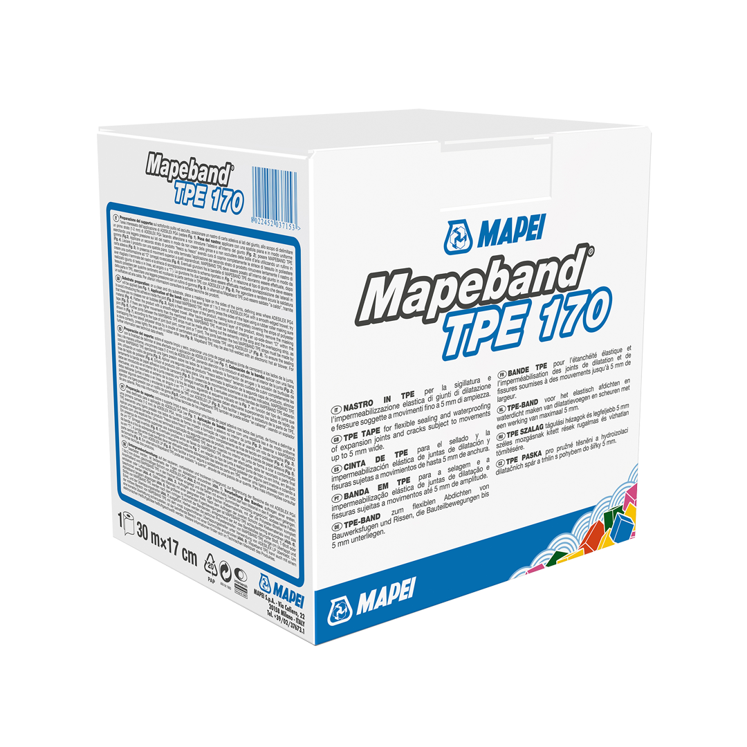 A package of Mapeband TPE 170 waterproofing tape by MAPEI on a white background.