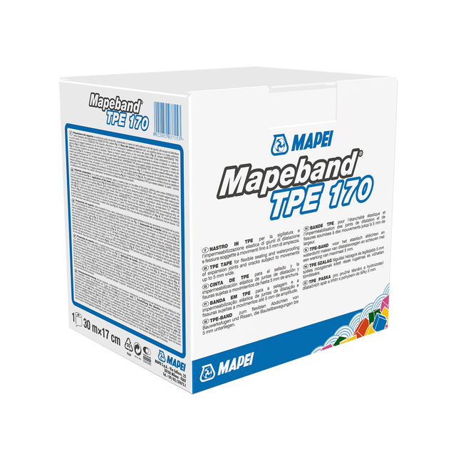 A package of Mapeband TPE 170 waterproofing tape by MAPEI on a white background.