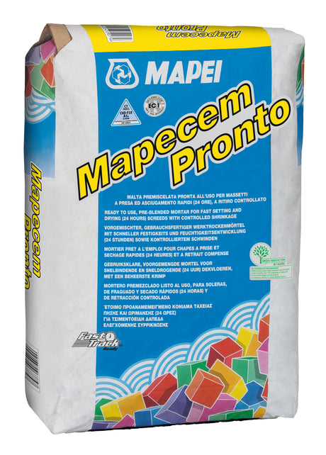 Bag of MAPEI Mapescem Pronto pre-blended mortar with multilingual instructions.