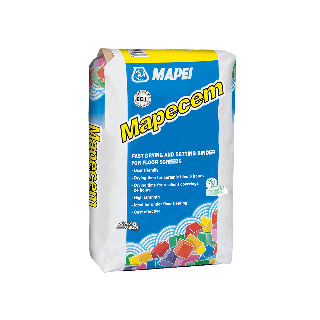 Bag of MAPEI Mapecem fast-drying binder for floor screeds, with product info.