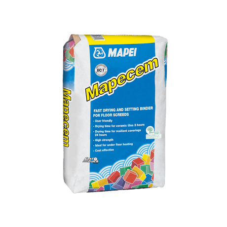 Bag of MAPEI Mapecem fast-drying binder for floor screeds, with product info.