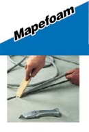 A hand applying Mapefoam sealant to a surface with cables, accompanied by tools.