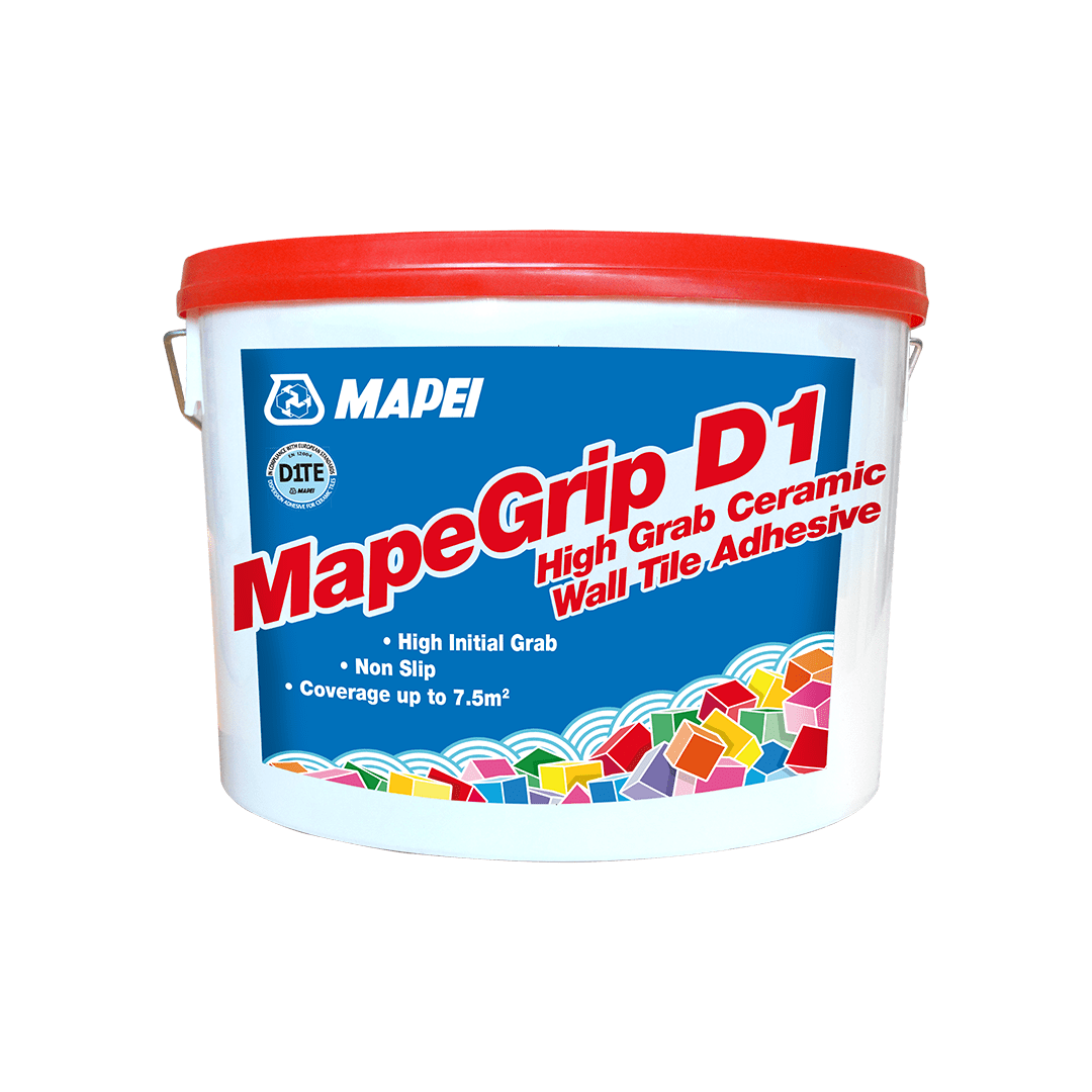 Container of Mapei MapeGrip D1 tile adhesive with high grab and non-slip features.