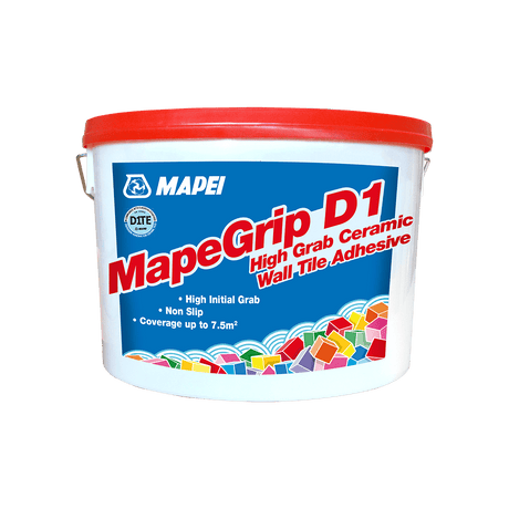 Container of Mapei MapeGrip D1 tile adhesive with high grab and non-slip features.