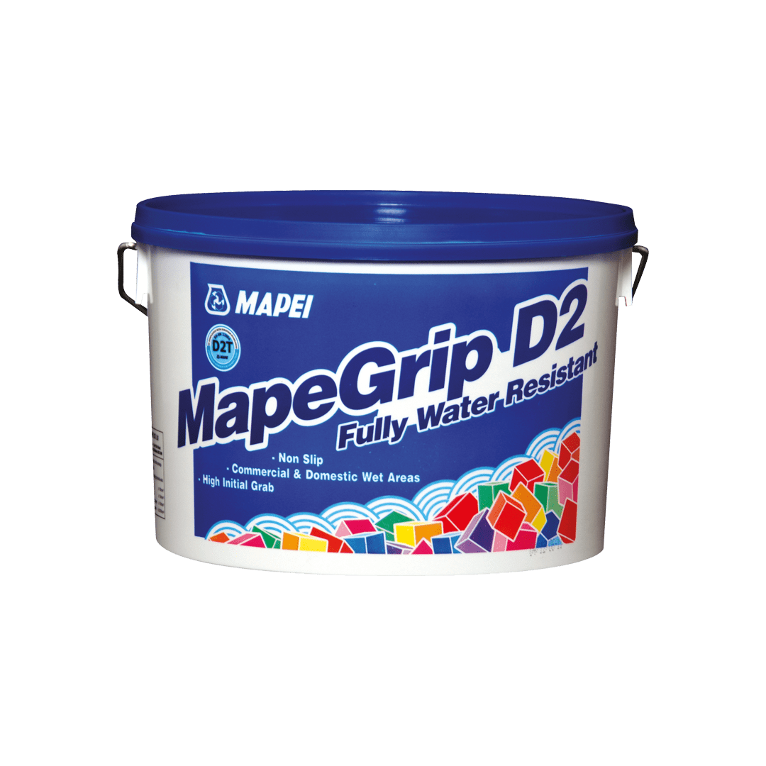 A bucket of MapeGrip D2 tile adhesive, labeled fully water-resistant for wet areas.