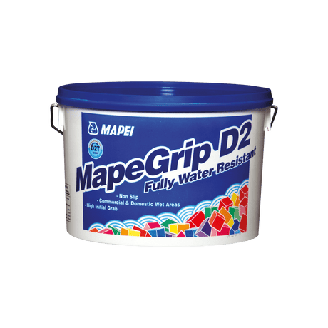 A bucket of MapeGrip D2 tile adhesive, labeled fully water-resistant for wet areas.