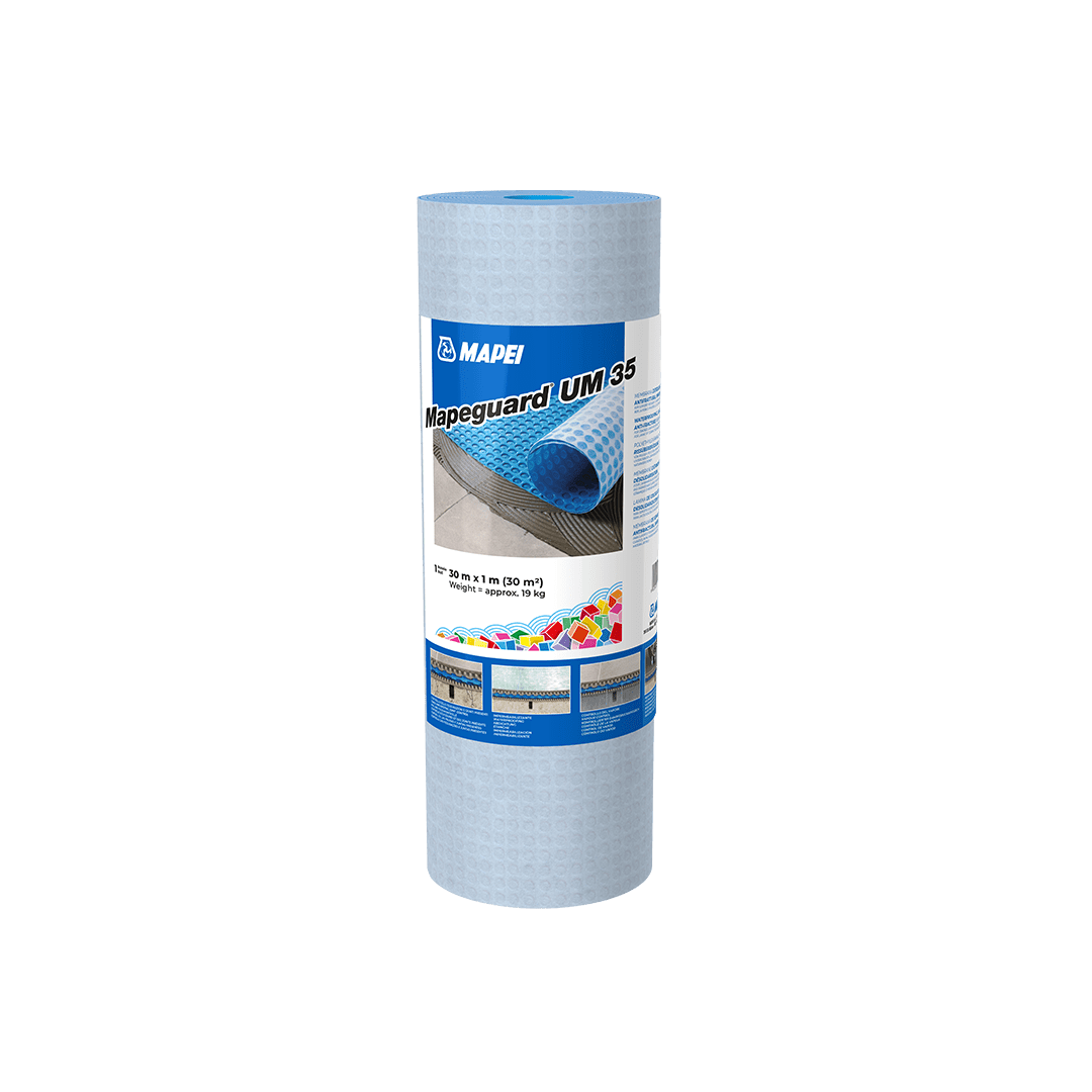 A roll of Mapeguard UM 35 waterproofing membrane by MAPEI on a white background.