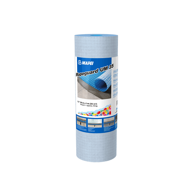 A roll of Mapeguard UM 35 waterproofing membrane by MAPEI on a white background.