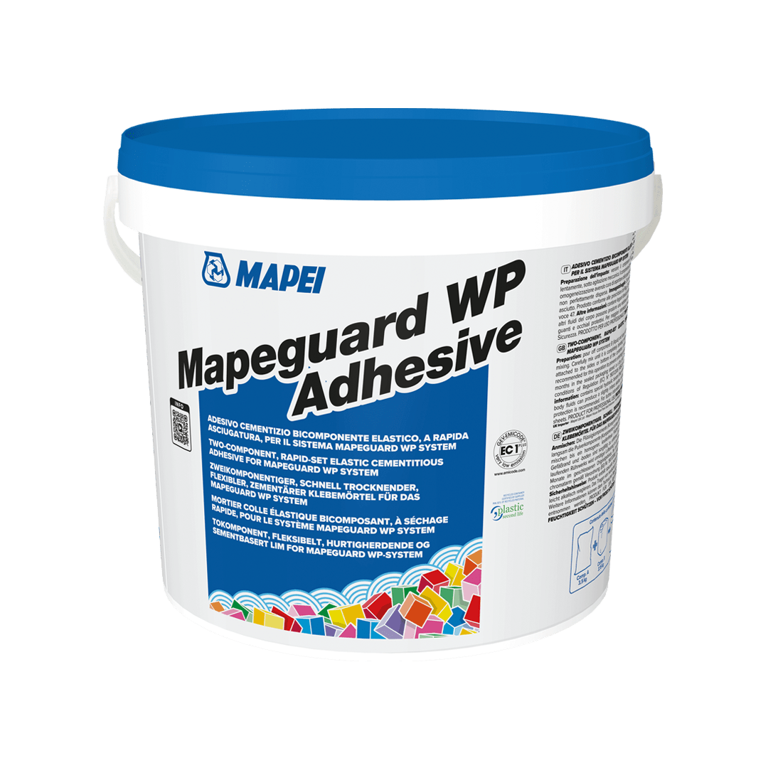 A bucket of MAPEI Mapeguard WP Adhesive with branding and product information.