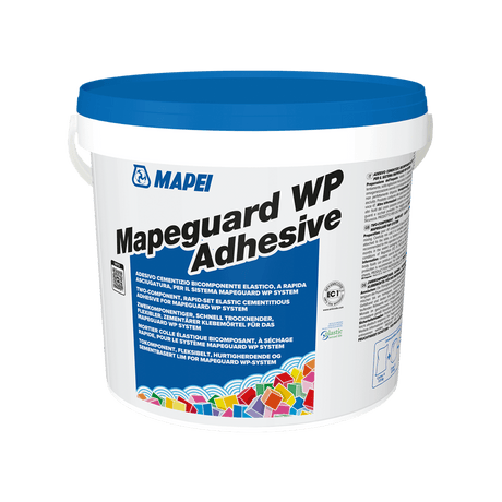 A bucket of MAPEI Mapeguard WP Adhesive with branding and product information.