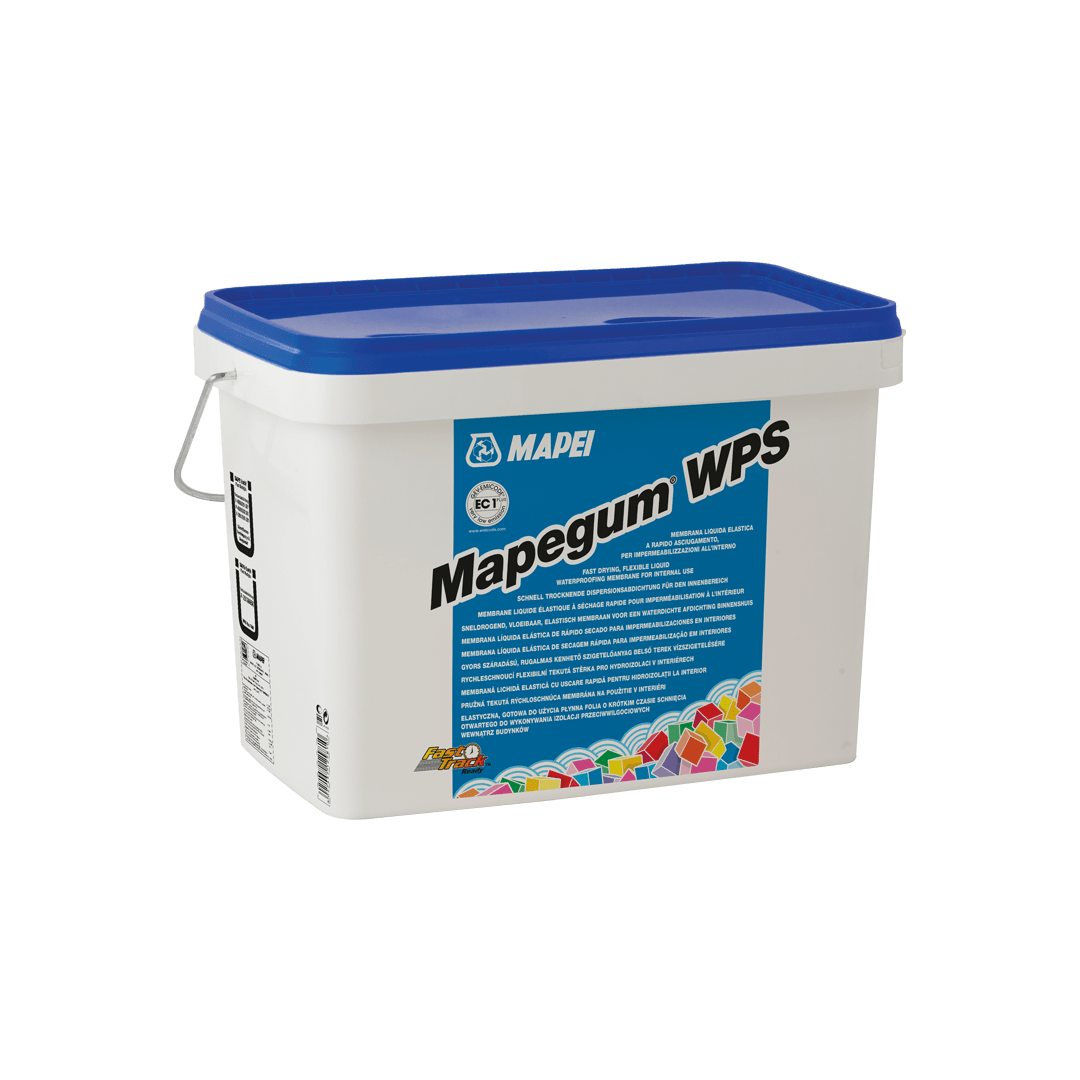 A white and blue Mapei Mapegum WPS container with product descriptions on it.