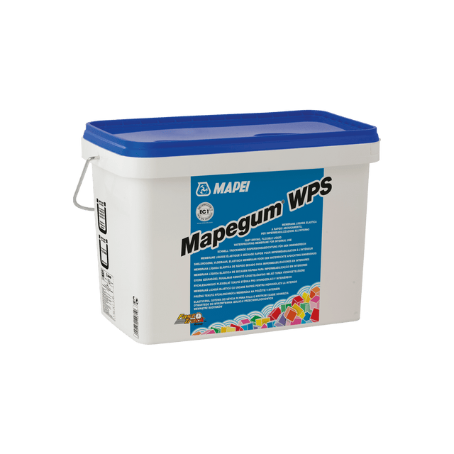 A white and blue Mapei Mapegum WPS container with product descriptions on it.