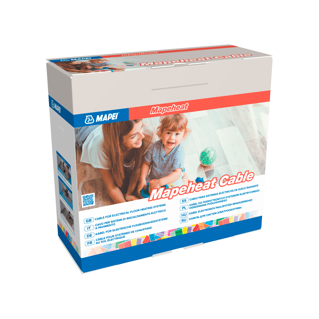 Mapei branded Mapeheat Cable box for electrical floor heating systems with an image of a woman and child.