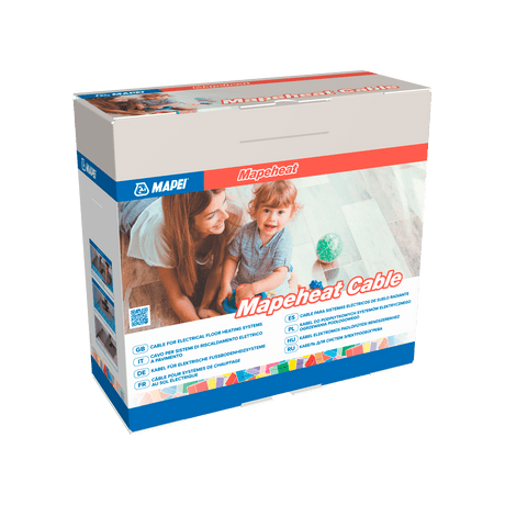 Mapei branded Mapeheat Cable box for electrical floor heating systems with an image of a woman and child.